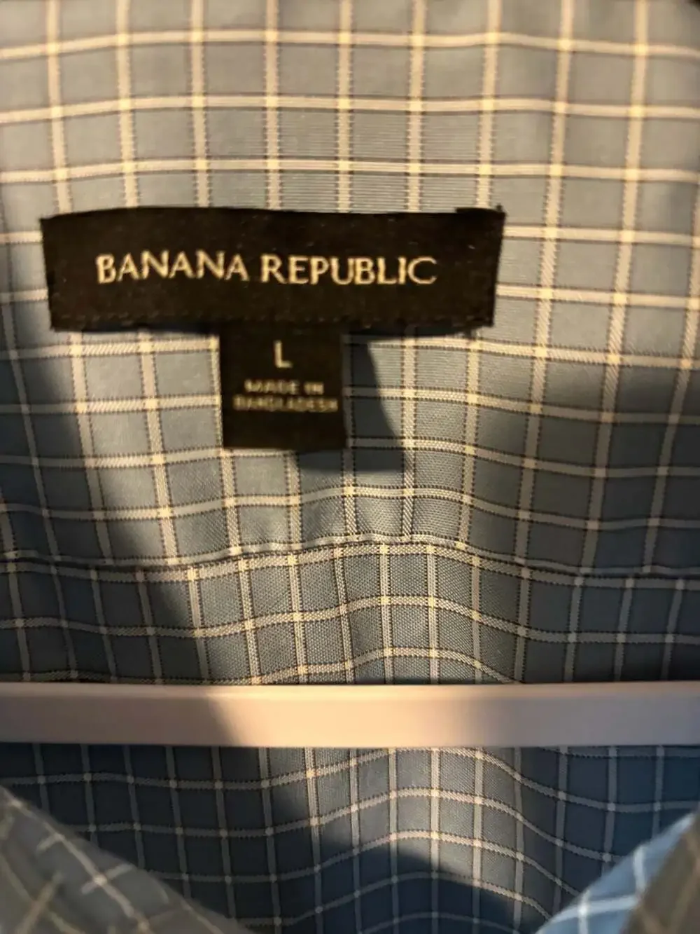 Banana Republic Non-Iron Slim Fit Dark Blue Plaid Dress Shirt Size L